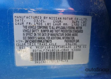 2021 Nissan Versa Sv z USA, uszkodzony, nr VIN 3N1CN8EV9ML879673